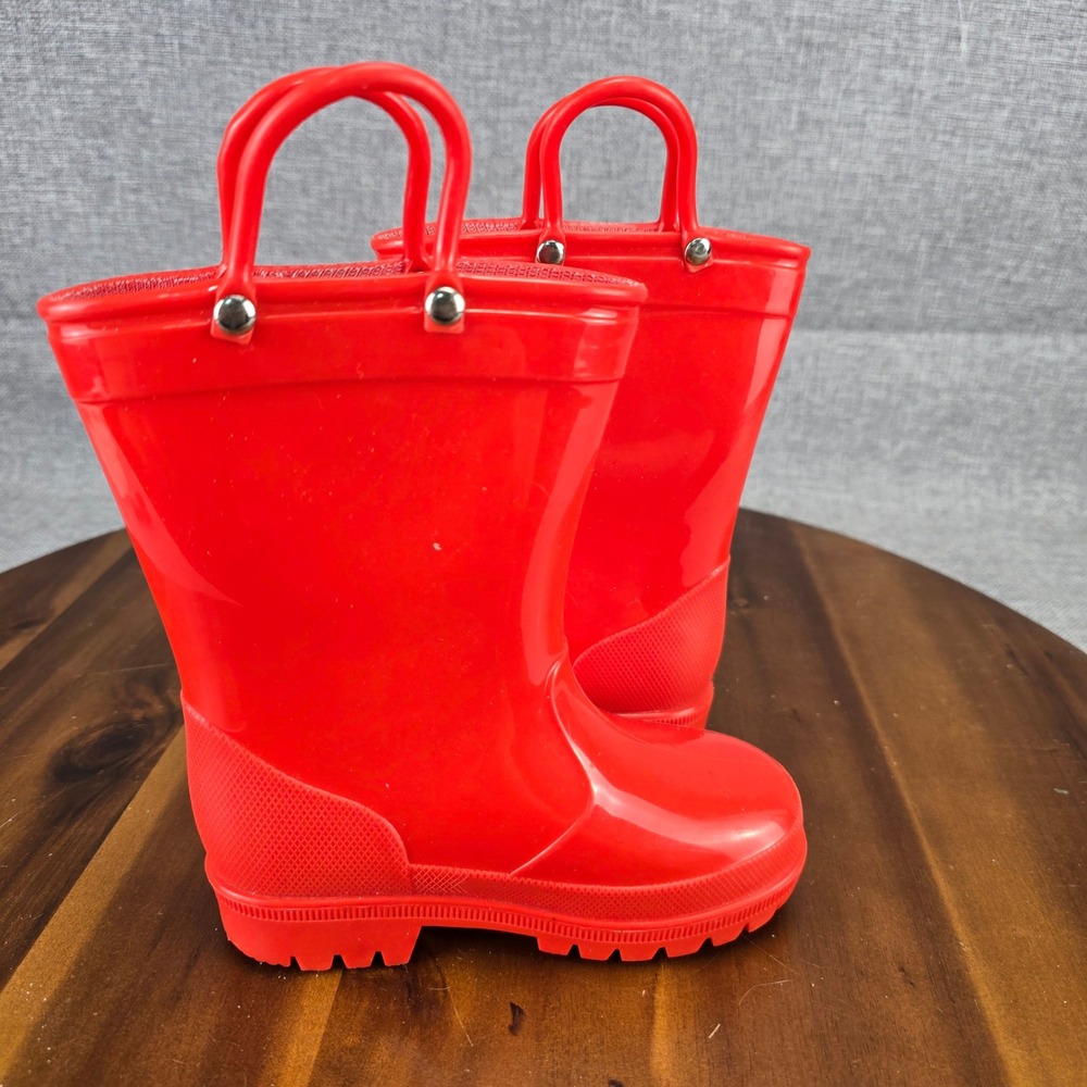 Red Toddler Rain Boots Size 8 Waterproof Pull On Handles Glossy Rubber Boots - Picture 7 of 13